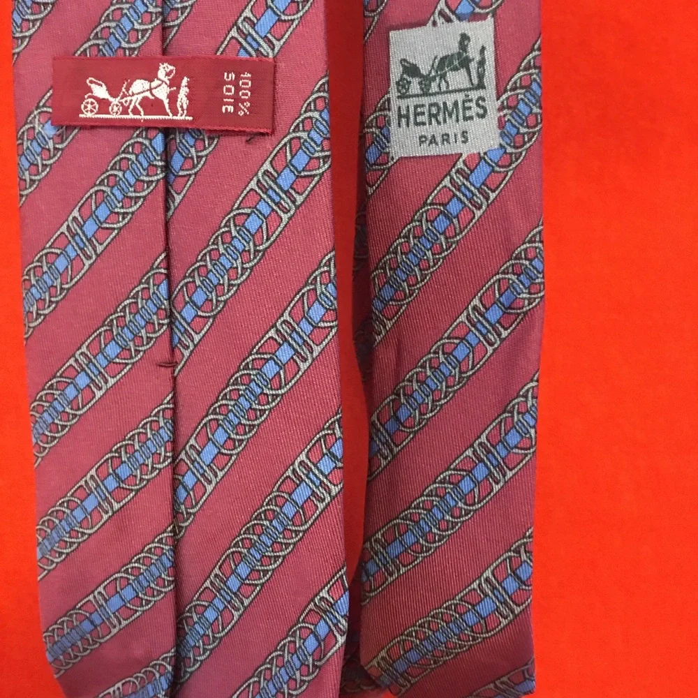 Hermes silk chain link print necktie pink classic France - Picture 3 of 5
